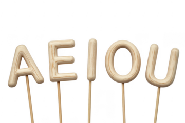 Wooden letters on sticks isolated on a transparent background alphabet AEIOU