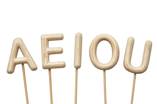 Wooden letters on sticks isolated on a transparent background alphabet AEIOU