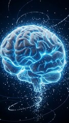 Vibrant neon-lit human brain illustration with flowing digital lines, symbolizing AI, thought, and technological innovation.