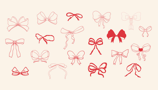 Thin red ribbon bow accessory love coquette set. Whimsical gift element romantic vintage hand drawn for romantic invitation, birthday, card, wedding design