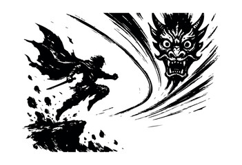 Obraz premium A dynamic ink brush illustration depicting a courageous samurai warrior leaping into battle against a fierce demonic or dragon spirit, rendered in a striking black and white style — stock vector.