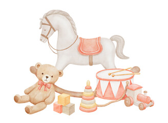 Vintage teddy bear, drum and rocking horse, hand drawn watercolor pastel isolated illustration