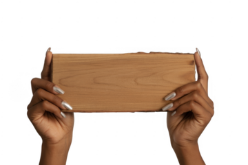 Woman's hands holding wooden plank isolated on a transparent background nails
