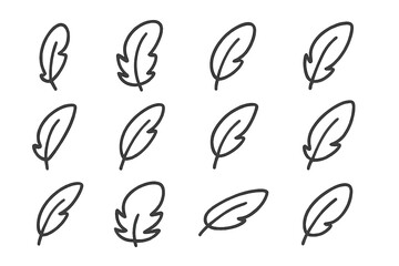 Twelve simple hand drawn feather outline icons in various styles