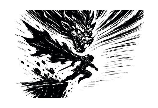 A powerful black and white ink illustration capturing a warrior with a sword bravely facing a monstrous dragon amidst dynamic brush strokes and motion lines &mdash; stock illustration.