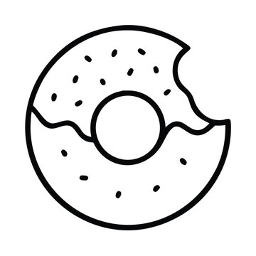 Simple black and white outline icon of a delicious frosted donut with a bite taken out of it