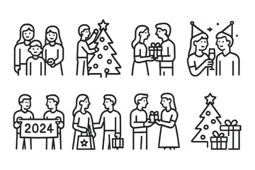 Family holiday celebration icons featuring gift exchange and New Year symbols