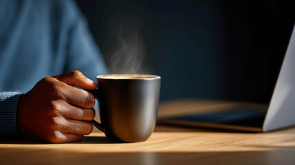 A man holds a mug of a hot drink at a work desk next to a laptop in front of a window and sunset. For topics related to remote work and leisure.