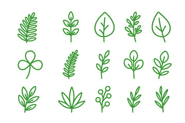 Collection of simple green line art botanical leaf icons and sprigs