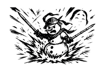 Fototapeta premium An angry, samurai-inspired snowman wields stick katanas amidst an explosive black and white brush stroke background, with a small scared face peeking from above — stock illustration.
