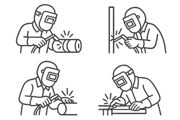 Four line icons showing welder performing various welding positions