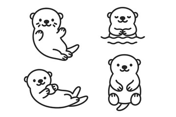 Set of simple black and white line art icons featuring cute baby otters