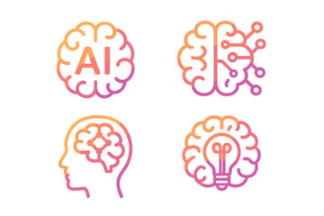 Set of gradient icons representing artificial intelligence concepts and technology symbols