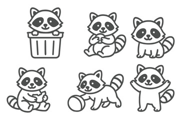 Collection of cute cartoon raccoon icons in various playful poses