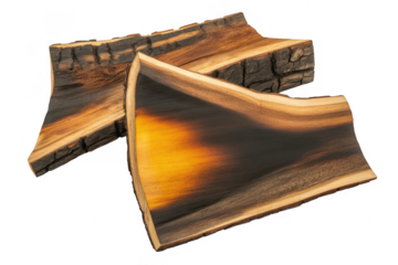 Wood slabs with natural edge and epoxy resin fill isolated on a transparent background