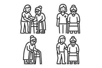 Assistance icons for elderly care featuring walking aids and medical support tools