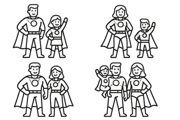 Diverse family superhero team icons featuring capes and chest emblems