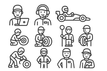 Outline icons for racing team members and pit crew professions