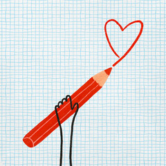 A red pencil heart on graph paper in a whimsical hand drawn style illustrates love and childlike innocence with creative expression, artistic sketching, visual design, and playful simplicity.