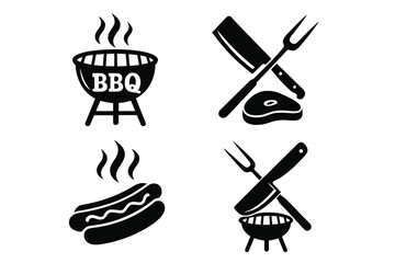 Black and white icons collection for barbecue and grilling elements