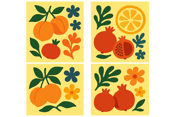 Vibrant abstract compositions featuring apricots and pomegranates with floral elements