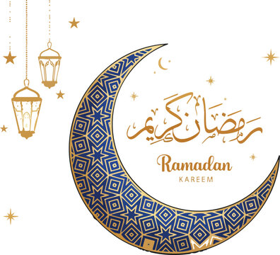 Ramadan Kareem Illustration: A beautifully illustrated crescent moon, adorned with intricate geometric patterns and ornate lanterns, conveys the spirit of Ramadan Kareem.