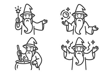 Four cartoon wizard icons featuring magic wand and cauldron