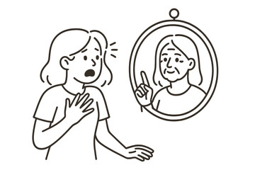Young woman shocked seeing older self reflection pointing finger