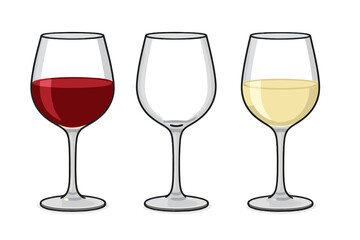 Comparison of three stemmed wine glasses with red and white contents