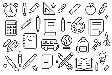 Black line icons representing education and school supplies concepts