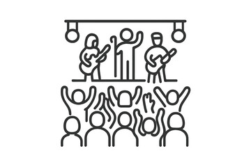Live music concert performance with band and cheering audience icons
