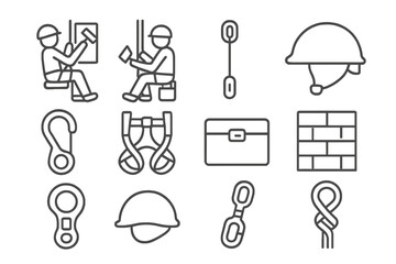 Set of line icons for industrial rope access and climbing safety gear