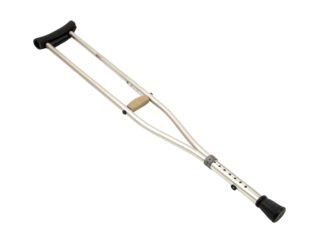 Adjustable aluminum crutch with black grip and tip for mobility support and physical rehabilitation, ideal for medical supply and healthcare concepts.