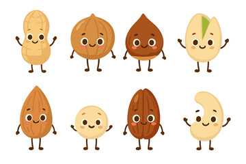 Assortment of happy cartoon nuts with expressive faces and small limbs