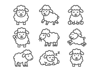 Set of nine cute sheep icons showing various poses and activities