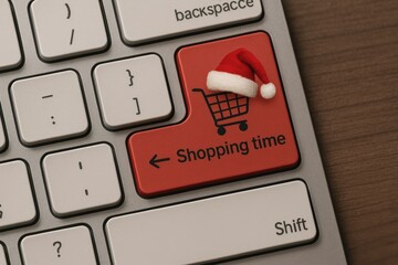 close-up of right side of silver-gray English keyboard with customized red matte "Enter" key featuring shopping cart icon with Santa hat and “Shopping time” label. sopping online concept