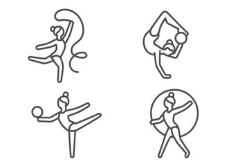 Female Athletes Performing Rhythmic Gymnastics Poses with Ribbon Ball and Hoop