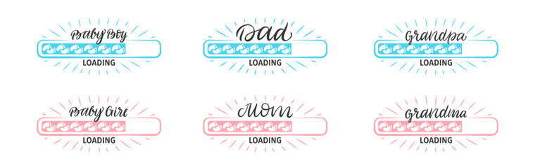 Family loading bars: baby, dad, grandpa, baby girl, mom, grandma icons