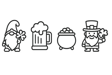 Saint Patrick Day simple line icons featuring gnome beer mug and gold coins