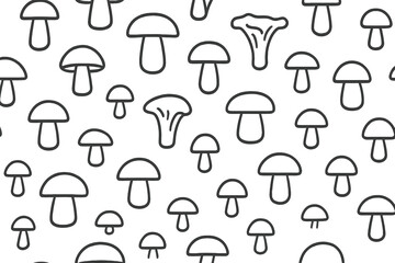 Seamless pattern of various outline mushrooms on white background