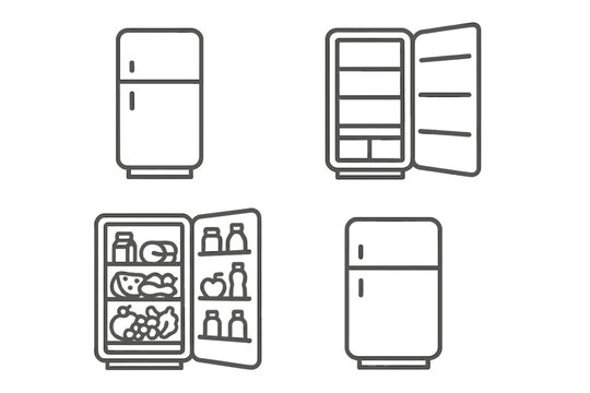 Four refrigerator icons showing closed and open states with food items inside