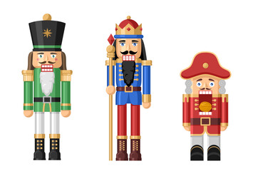 Colorful nutcracker characters in traditional soldier uniforms