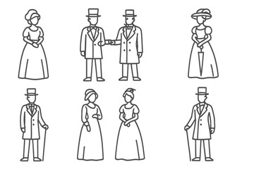 Set of outline icons depicting Victorian era historical men and women in formal attire
