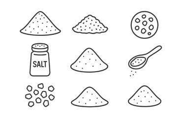 Salt piles, shaker, spoon, and individual seasoning grains in black and white