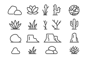 Cacti, succulents, dry shrubs, rocks, and mesa formations representing arid desert landscape elements © Alan