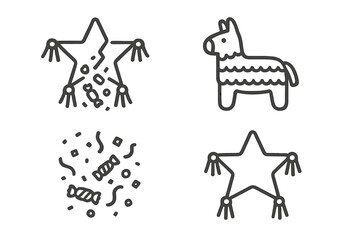 Fototapeta premium Star and donkey pinatas with scattered candy and confetti, festive celebration symbols