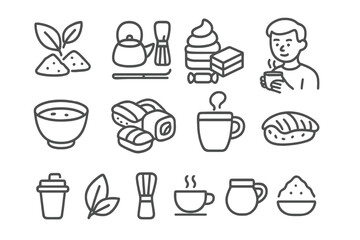 Matcha tea ceremony elements including powder, leaves, whisk, teapot, hot beverages, desserts, and a person drinking