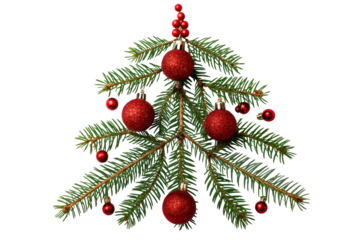 Festive arrangement of evergreen branches and red baubles creating a Christmas tree shape for holiday greetings and seasonal promotions