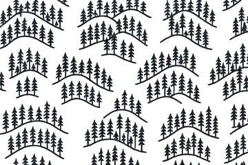 Simple hand drawn black forest trees on white rolling hills background