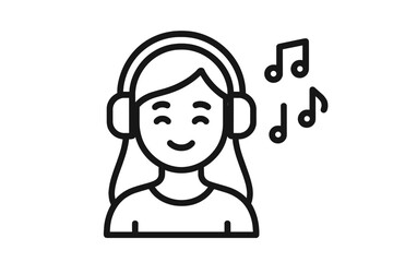 Minimalist black and white depiction of a smiling young woman enjoying music through headphones